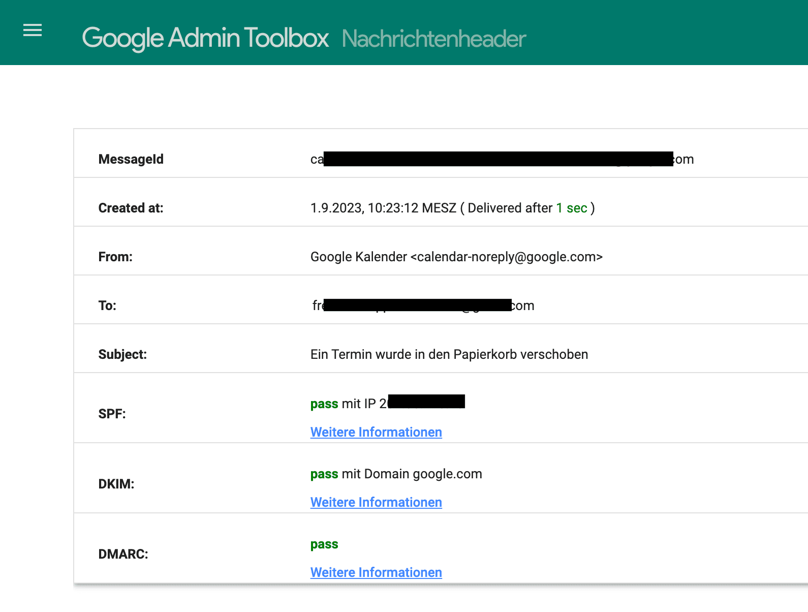 Screenshot der Nachrichtenheader-Analyse in der Google Admin Toolbox mit Details zu SPF, DKIM und DMARC Authentifizierungen.